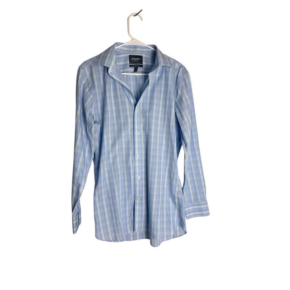 Bonobos Men Size 15.5 33 Tailored Slim Fit Light Blue Green Plaid Dress Shirt